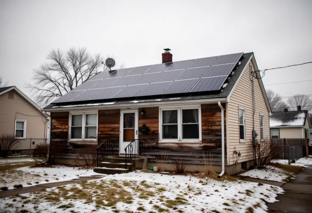A modest wood-frame house with rooftop solar panels in Niagara Falls New York, overcast winter sky