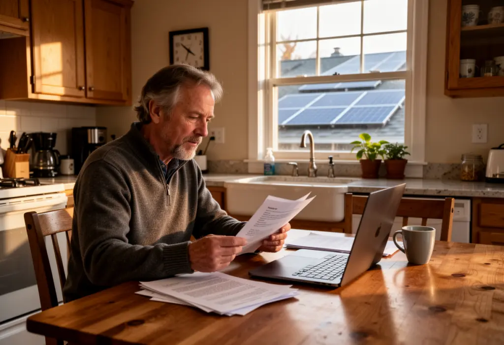 A homeowner at a kitchen table in an upstate New York house reading paperwork beside a laptop, rooftop solar panels visible outside