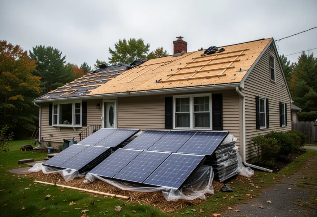 A residential roof partly stripped to bare deck with solar modules stacked and covered on the ground beside the house in upstate New York