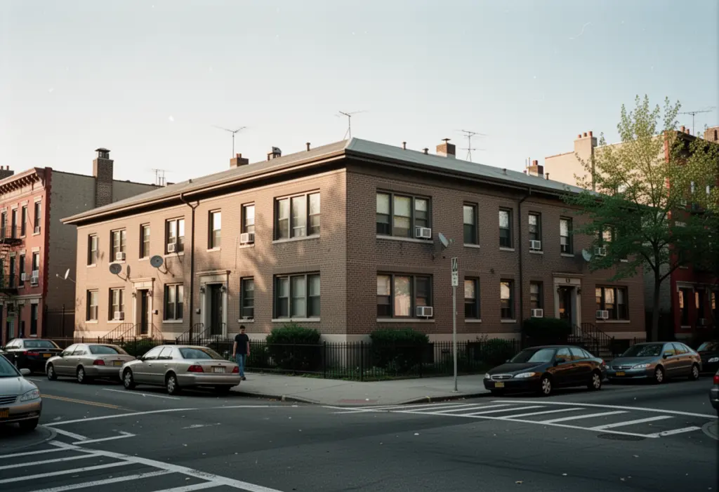 A low-rise apartment building in New York seen from the street with a flat roof visible, ordinary residential setting