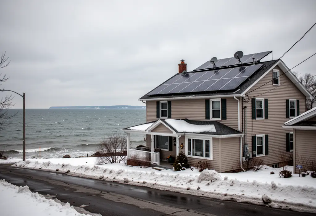 A house with rooftop solar panels near the Lake Ontario shore at Oswego New York, snow along the street, grey winter sky over the water