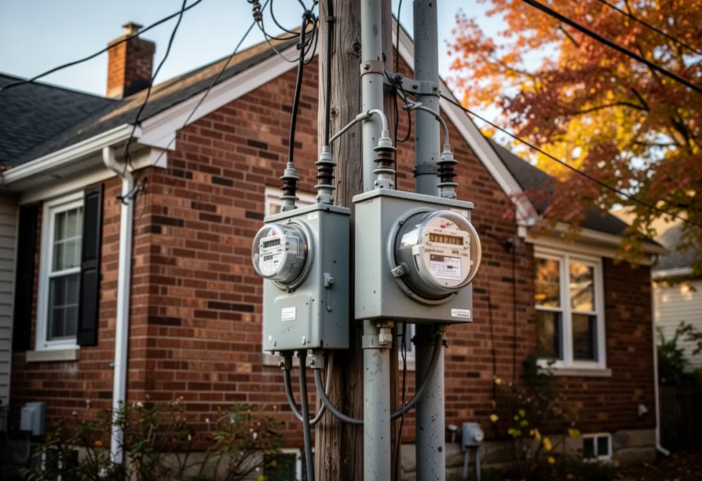 An electricity meter and service mast on the side of a brick house in Rochester New York