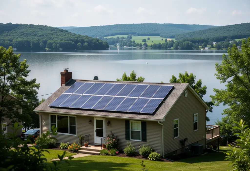 A lakeside house with rooftop solar panels above Canandaigua Lake in the Finger Lakes region of New York, calm water and wooded hills