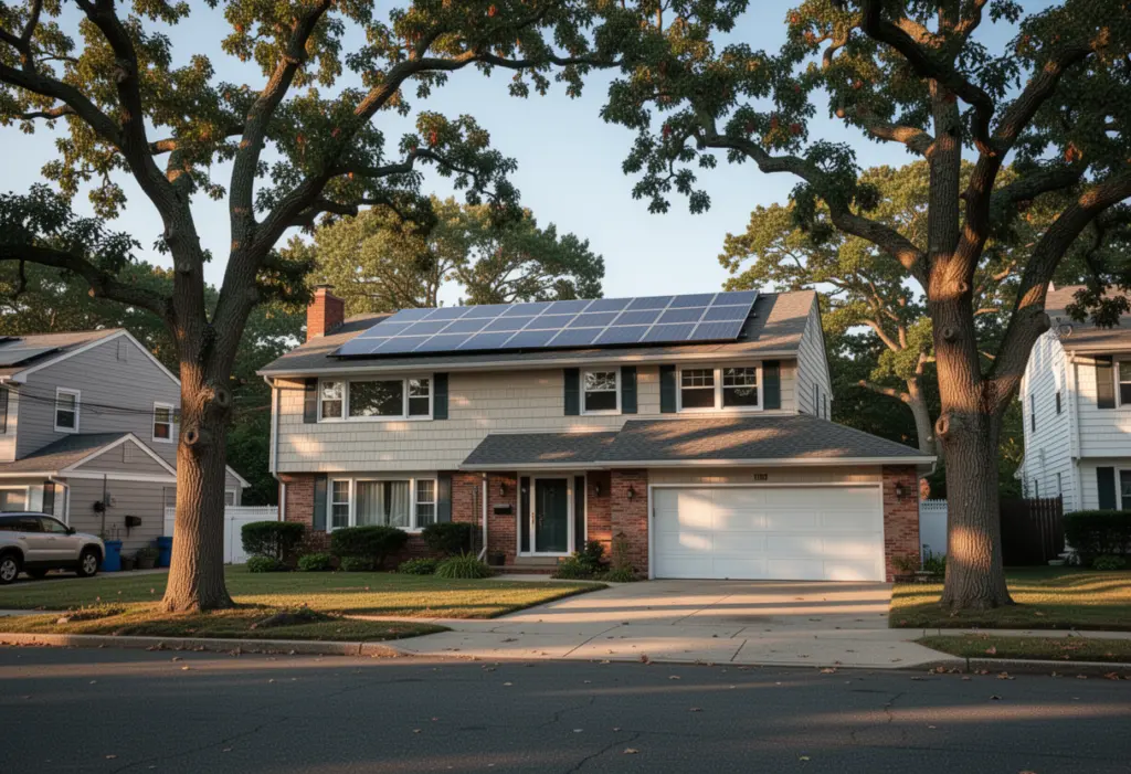 A nineteen sixties split level house in a Suffolk County Long Island suburb with a rooftop solar array, oak trees along the street