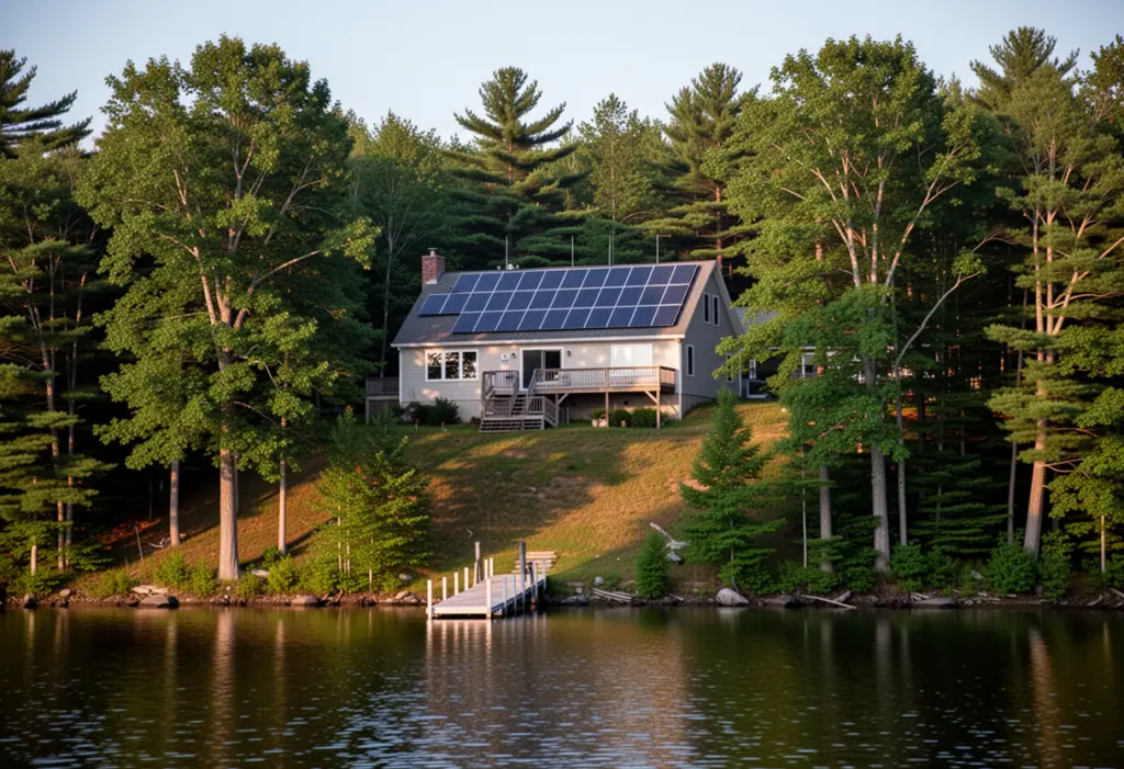 A lakeside house with rooftop solar panels on a wooded slope above a lake in Putnam County New York, mature trees and a wooden dock below
