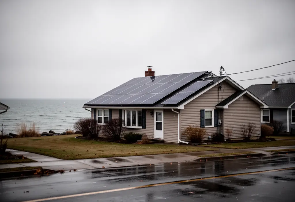Rooftop solar panels on a house near Lake Erie under a low overcast sky, diffuse grey daylight, wet street below