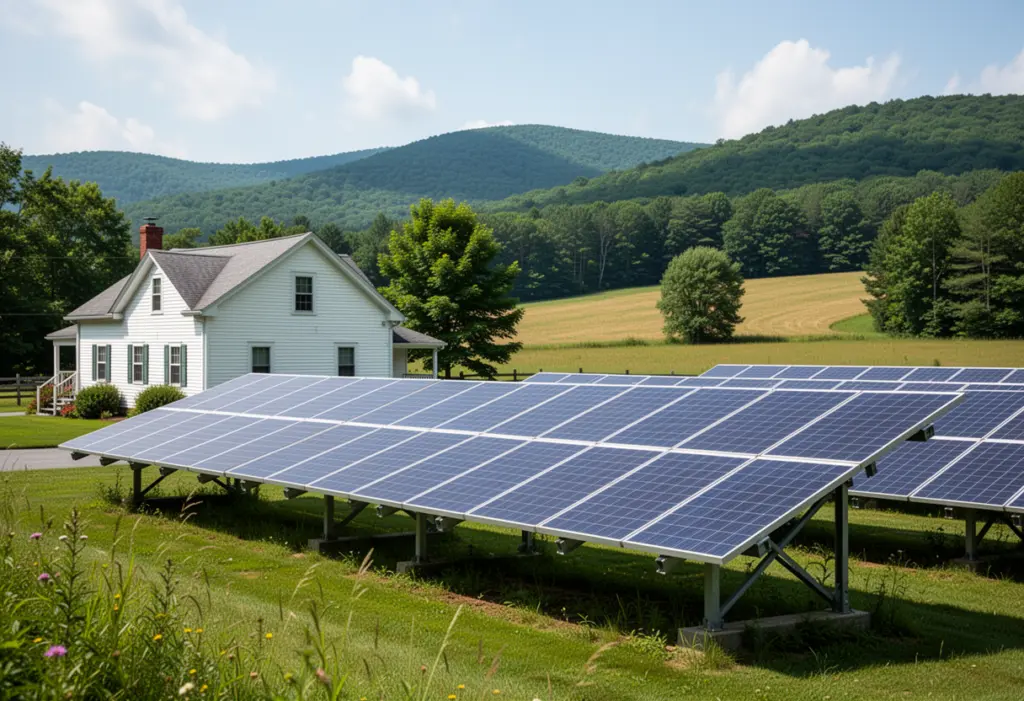 A ground-mounted solar array beside a farmhouse in the rural Catskills of Sullivan County New York, open fields and wooded hills