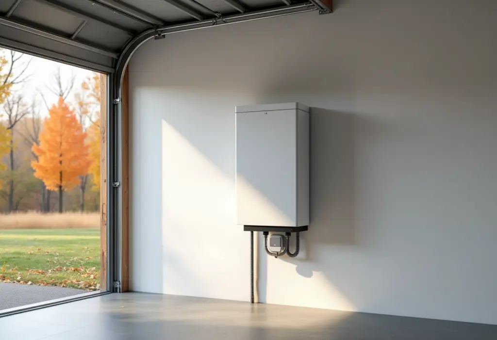 A residential home battery storage unit mounted on a garage wall in the Hudson Valley, autumn foliage visible through a nearby window