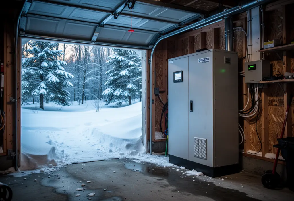 A home battery cabinet in an unheated garage during a snowy January in the Adirondacks, cold blue daylight through the open doorway