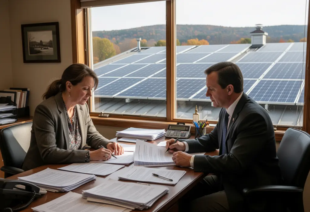 A small business owner and an accountant reviewing paperwork at a desk in an office with a view of a solar array on an adjacent roof in upstate New York