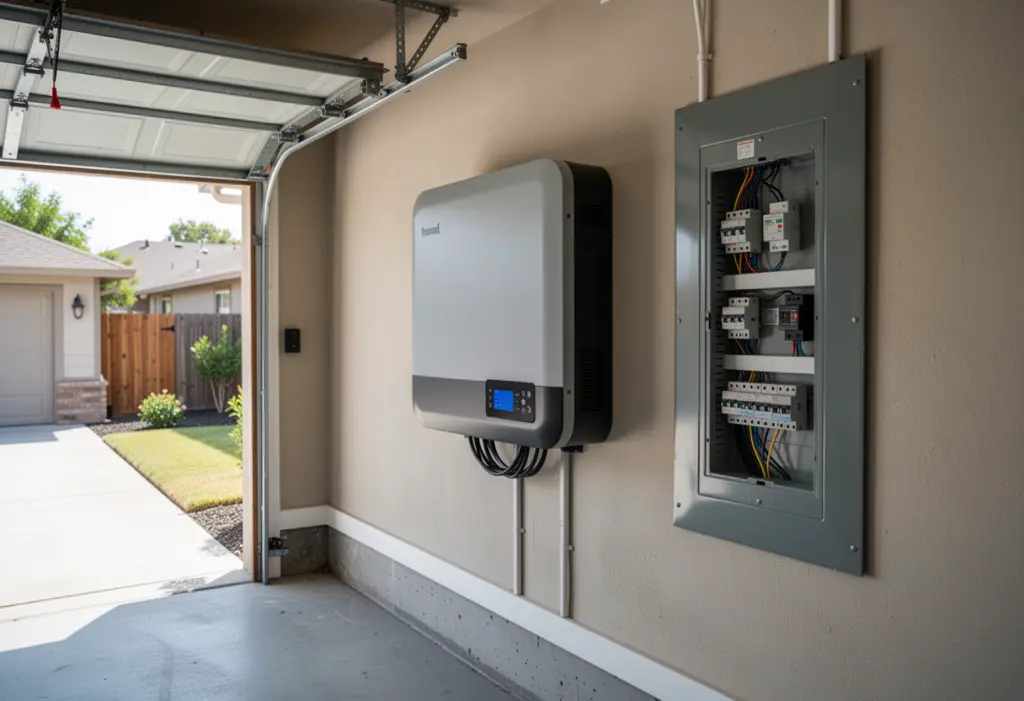 A wall mounted home battery unit in a clean residential garage next to an electrical panel, daylight through an open door