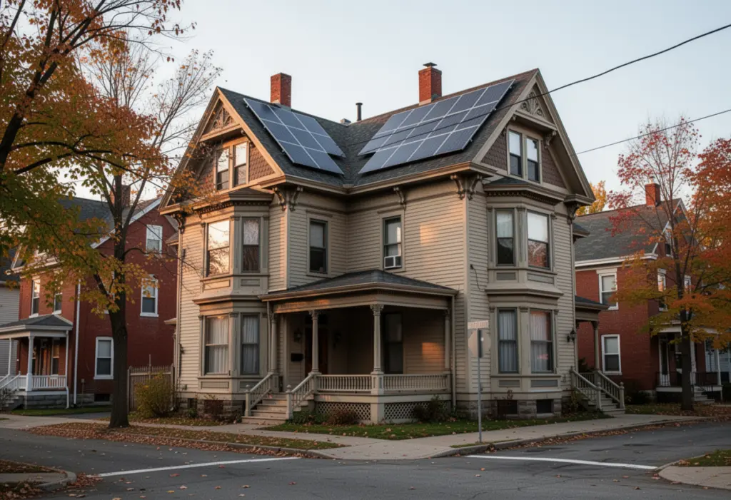 A large Victorian era two family house with solar panels on a side roof plane in a small central New York city, autumn trees on the street