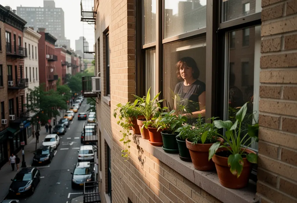 An apartment building window with a person's plants on the sill, New York residential street below