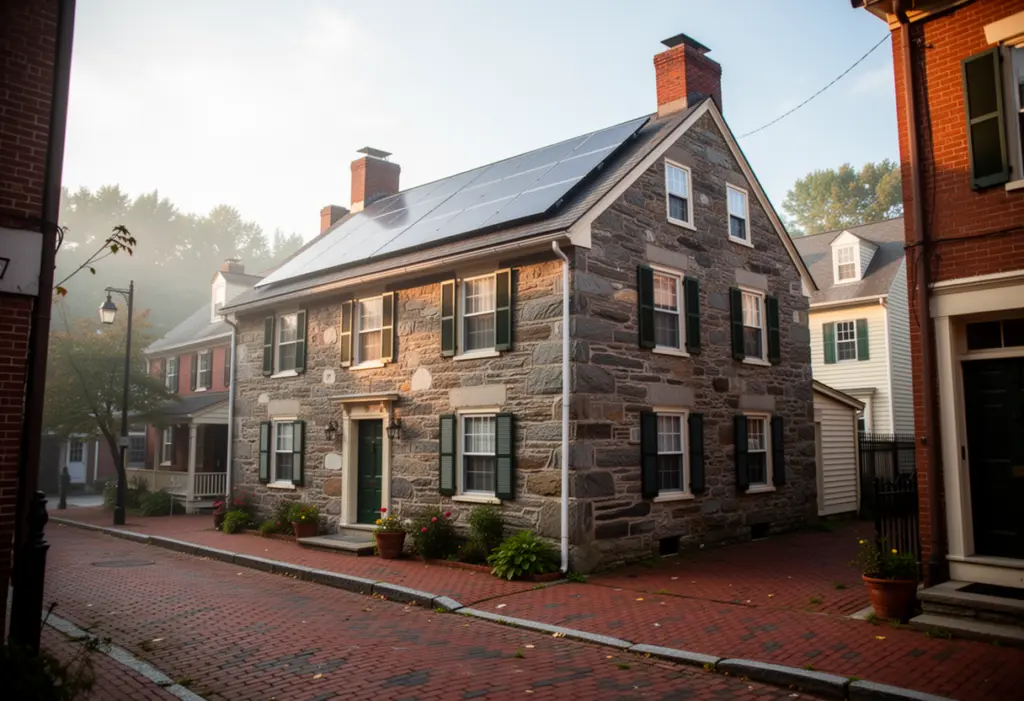 A historic stone house with discreet rooftop solar panels in Kingston New York, old street with brick sidewalks