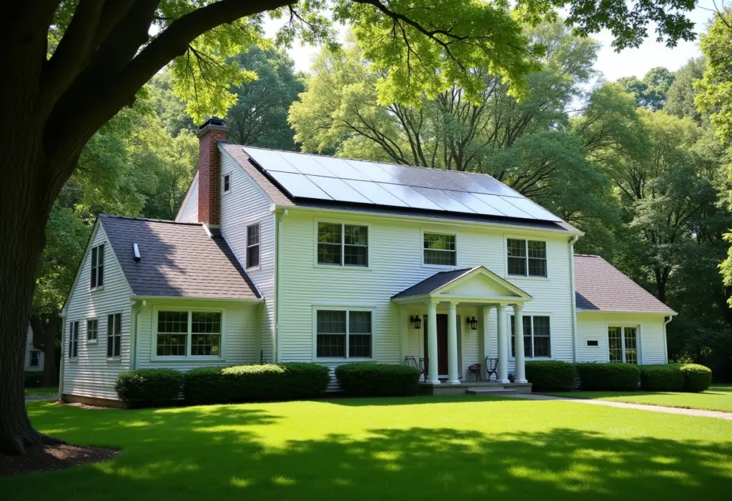 Solar panels on the roof of a substantial suburban colonial house in Westchester County New York, mature oak trees on the lawn
