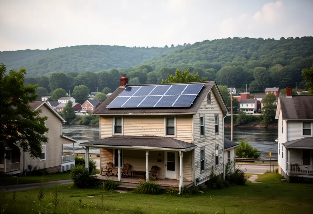A modest early twentieth century house with rooftop solar panels in a river valley town in the Southern Tier of New York