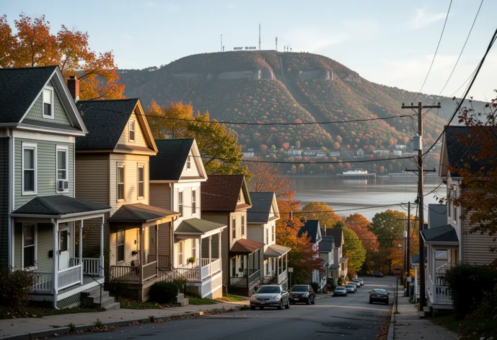 A hillside street of older frame houses in Beacon New York with the Hudson River below and Mount Beacon rising behind