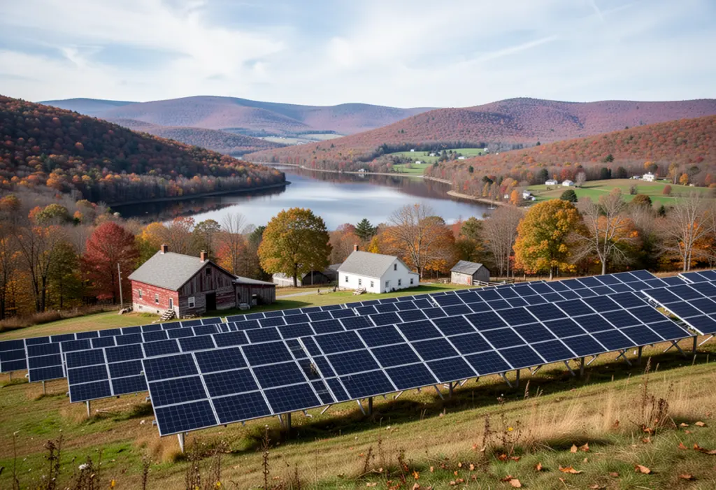 A hill farm with a ground-mounted solar array in the western Catskills of Delaware County New York, a reservoir visible in the valley