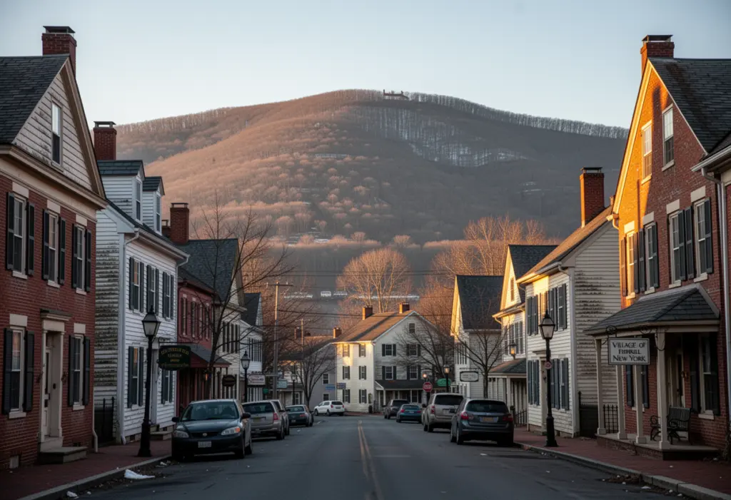 An older colonial era main street in the Village of Fishkill New York with the Hudson Highlands ridge rising behind the rooftops