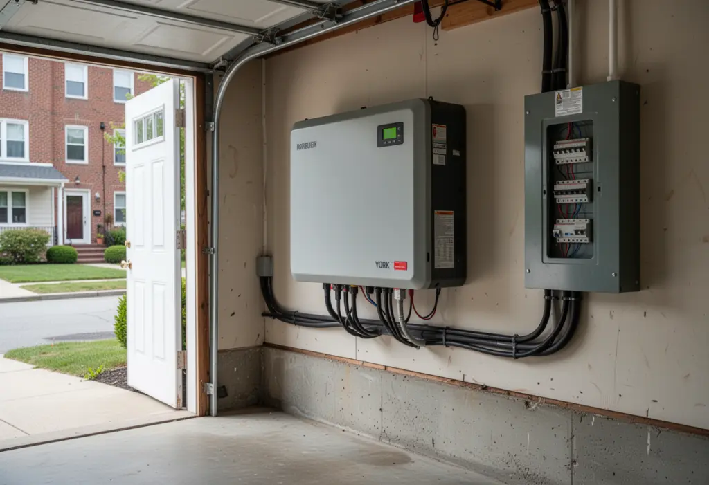 A home battery unit mounted on a garage wall beside an electrical panel in a New York house, clean daylight through an open door