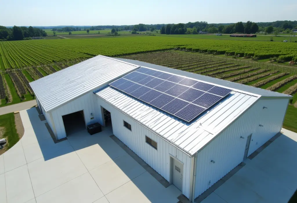 Solar panels mounted on the roof of a winery production building next to vineyard rows in the New York Finger Lakes region