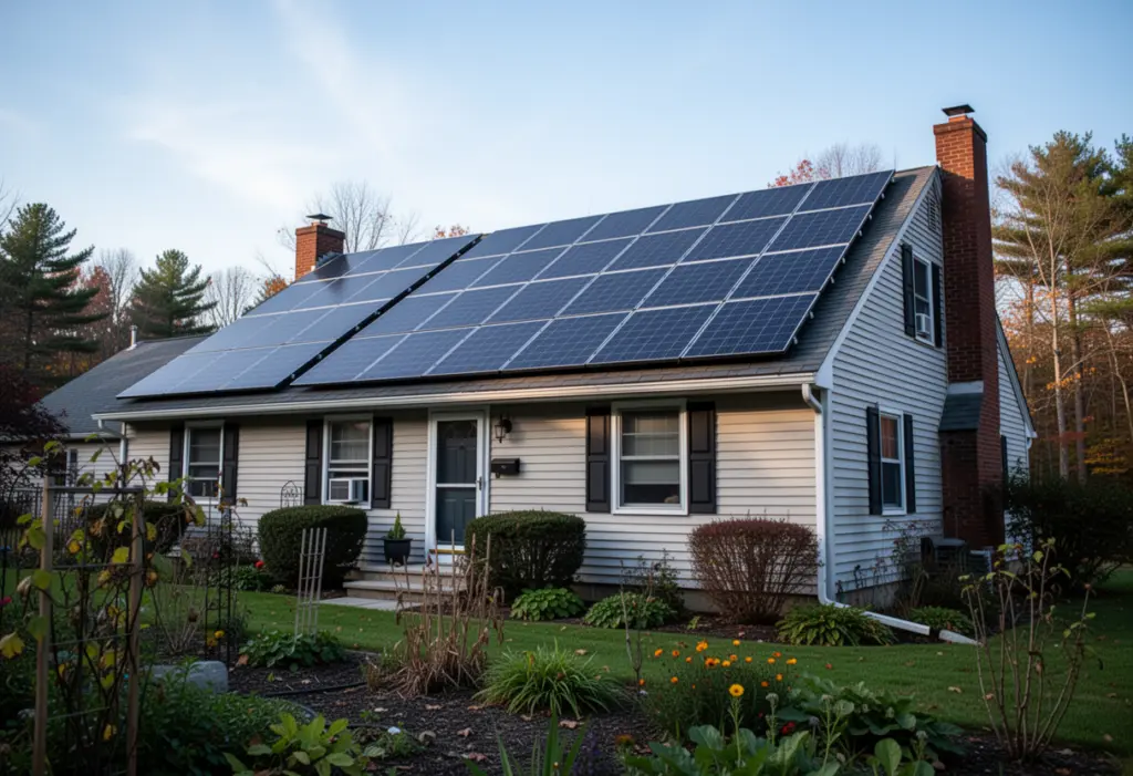 A newly installed rooftop solar array on an upstate New York house seen from the garden, clear cool daylight