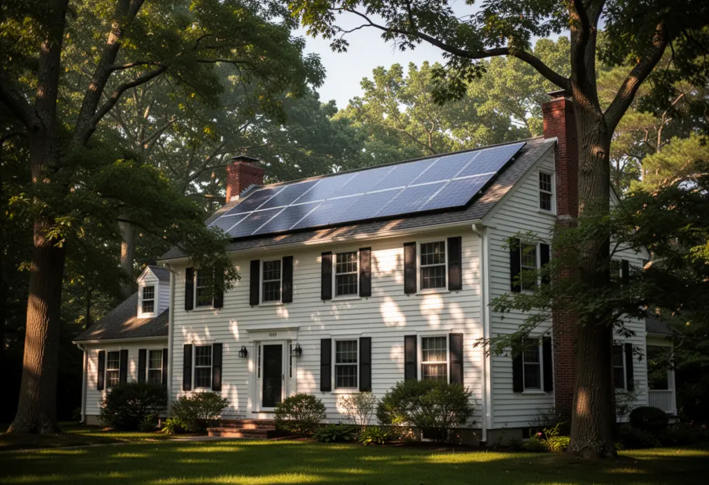 A colonial house with rooftop solar panels among mature trees on the north shore of Long Island
