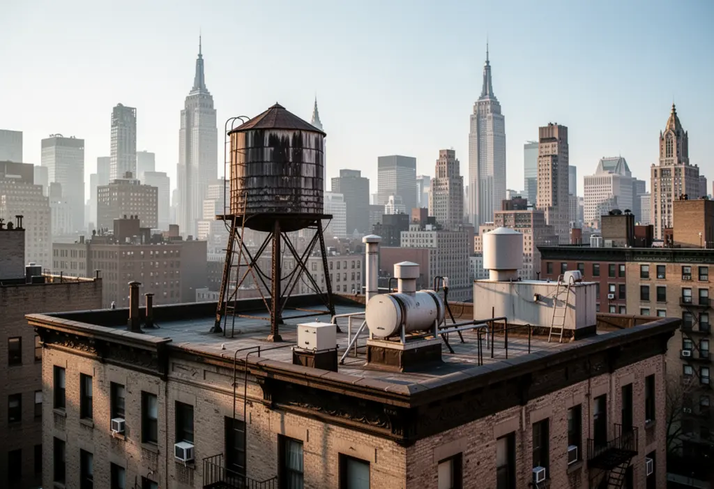 A flat rooftop of a pre-war apartment building in New York with water tower and mechanical equipment