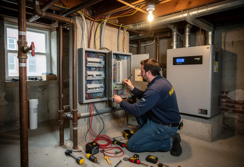 An electrician installing a critical load subpanel beside a home battery in a New York basement utility area
