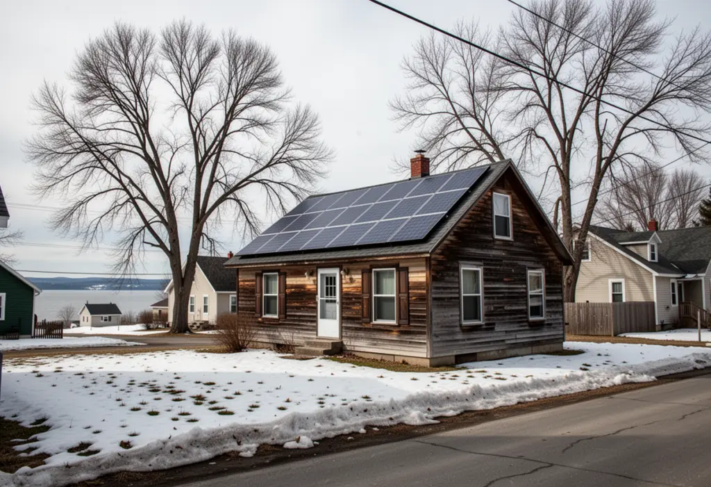 A modest wood frame house with rooftop solar panels on a village street near the St Lawrence River in northern New York