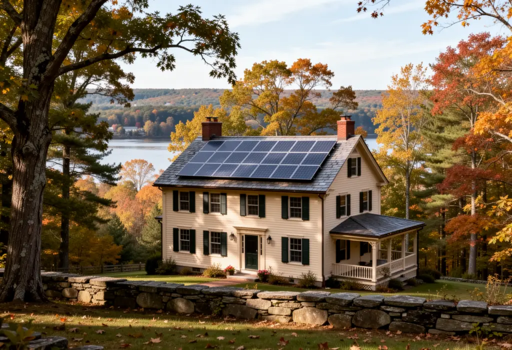 A nineteenth century house with a slate roof and rooftop solar panels on a wooded property above the Hudson River in Dutchess County New York