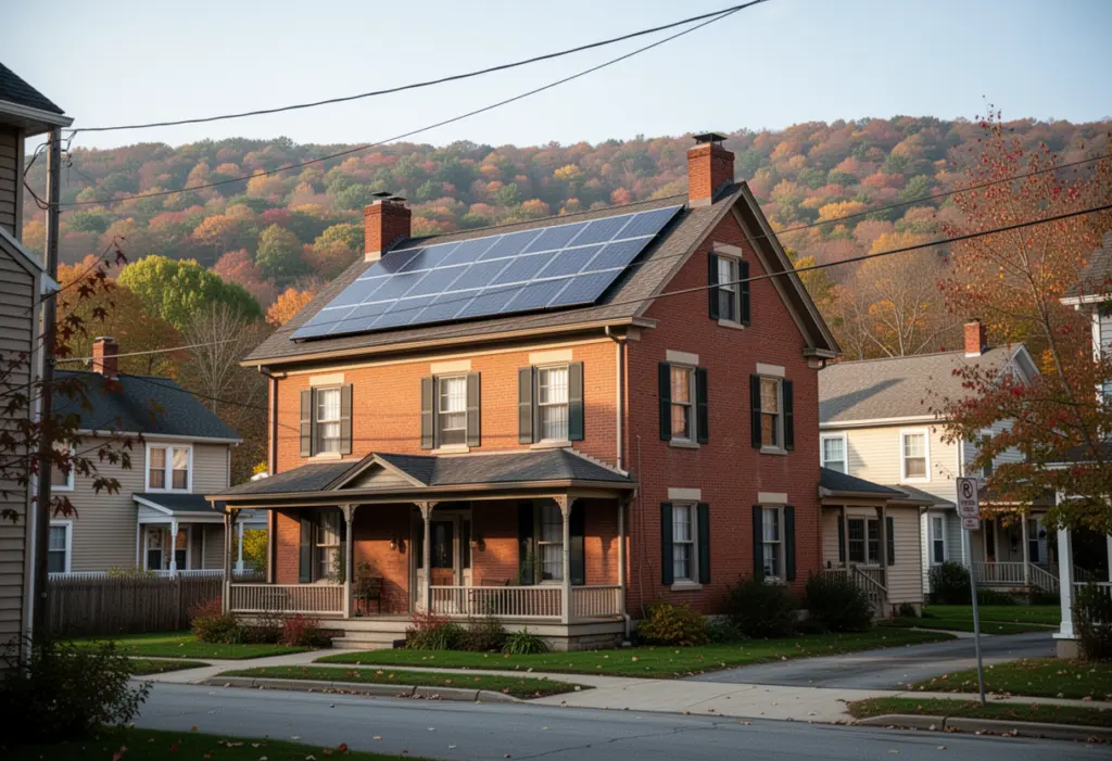 A nineteenth century brick house with rooftop solar panels on a residential street in Corning New York, wooded Southern Tier hills behind