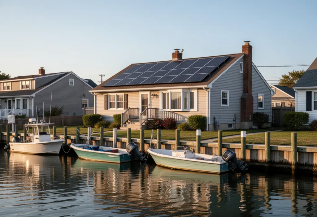 A canal-side single family house in Freeport on the south shore of Long Island with rooftop solar panels, small boats moored at a bulkhead