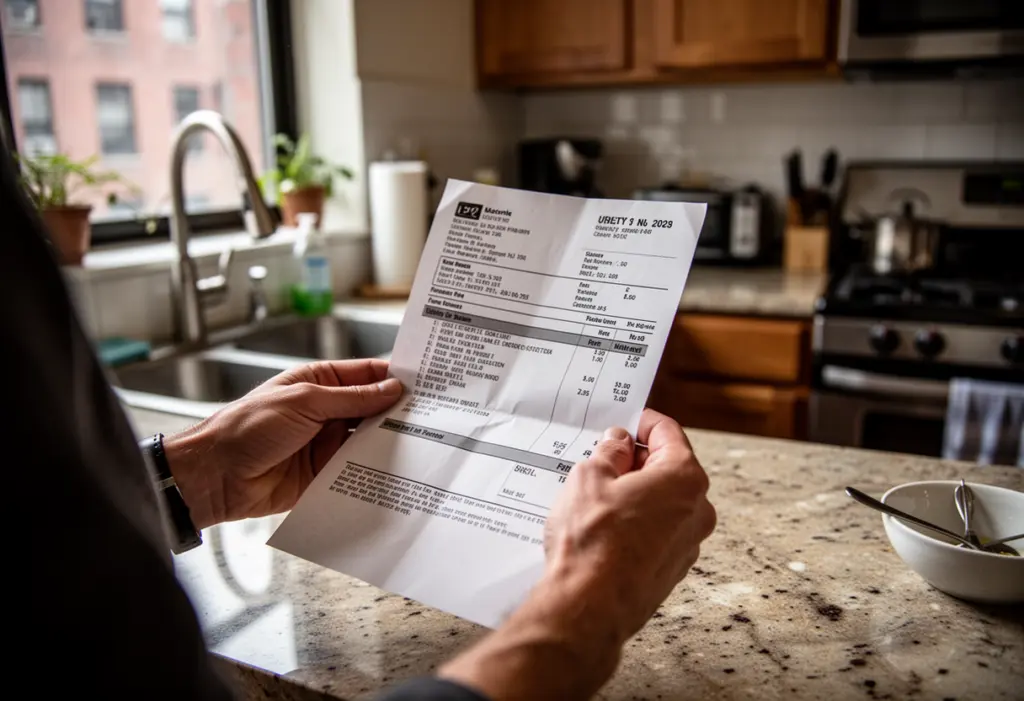 A person's hands holding a paper utility bill at a kitchen counter in a New York apartment, no legible text