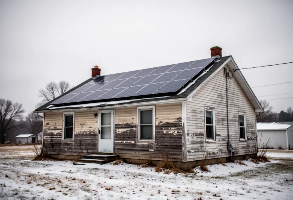 A modest wood-frame house with rooftop solar panels in Niagara County New York, overcast winter sky