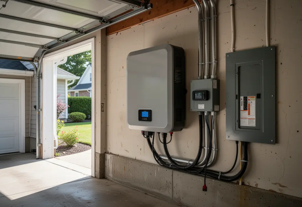 A wall mounted home battery unit in an attached garage of a Long Island house, electrical conduit and panel beside it