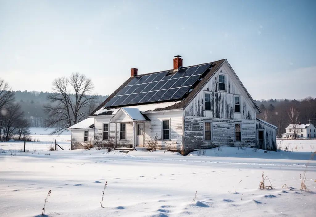 A steep-roofed farmhouse with rooftop solar panels in Jefferson County New York, deep snow across open fields