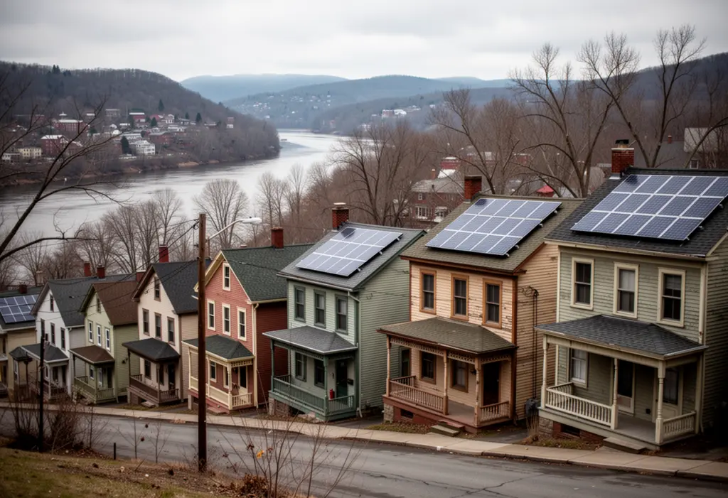 A hillside street of nineteenth century wood frame houses in Jamestown New York with rooftop solar panels, bare winter trees above the river valley