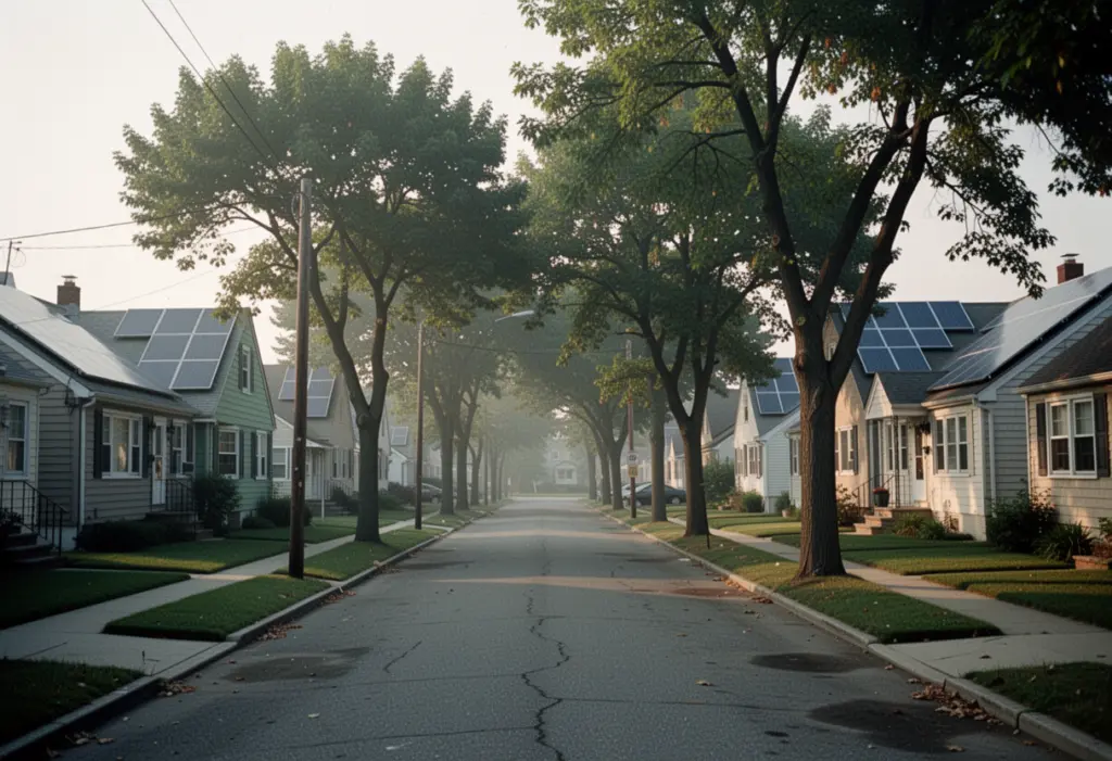 A post-war suburban Long Island street with modest extended houses and rooftop solar panels, mature street trees