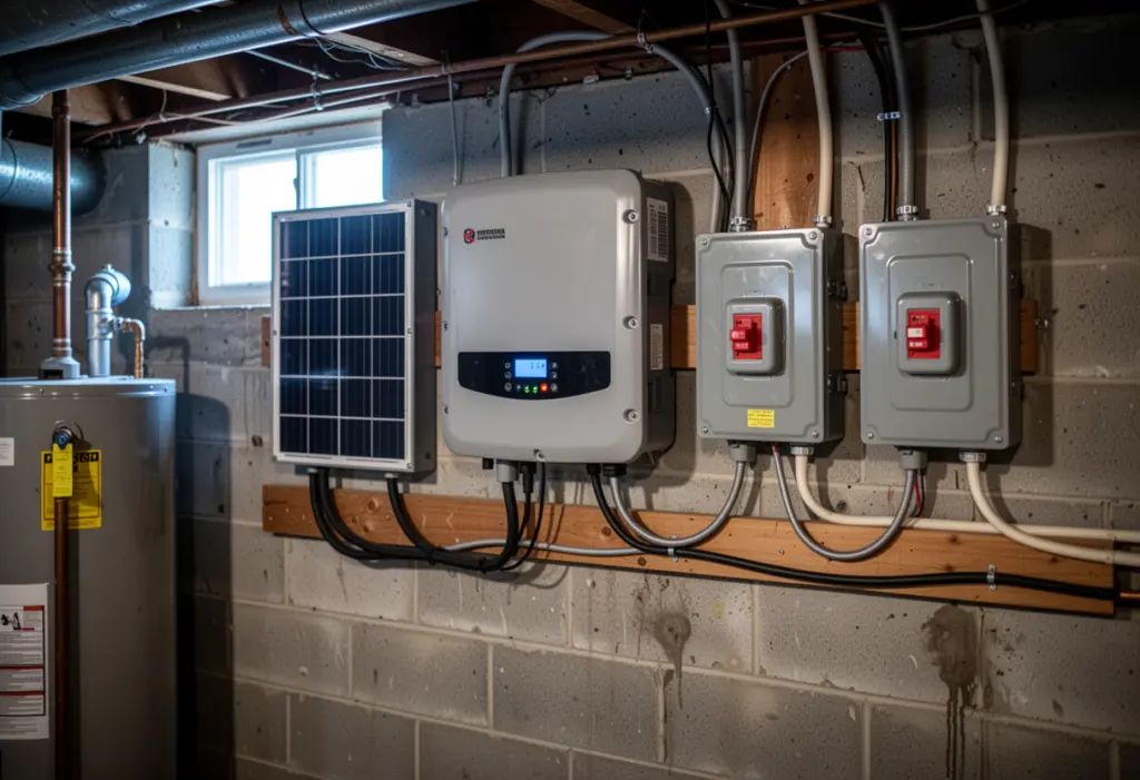 A wall mounted solar inverter and electrical disconnect boxes in a tidy basement utility area of an upstate New York home
