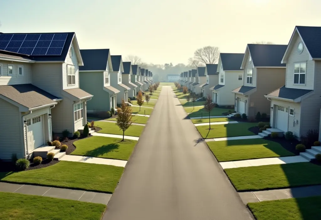 A suburban planned community street in New York with uniform houses and neat lawns, one roof carrying solar panels