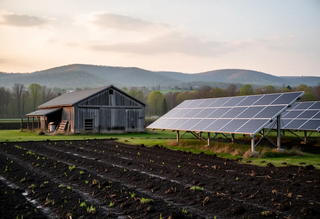 A farm outbuilding and a ground mounted solar array beside dark muck soil fields in Orange County New York, low hills on the horizon