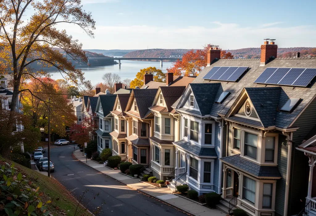 Victorian houses on a steep hillside street above the Hudson River in Tarrytown, New York, rooftop solar panels on a slate roof