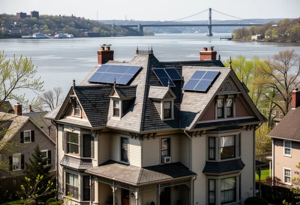A Victorian house with steep slate roof and dormers carrying solar panels in Nyack New York, the wide Hudson River behind it