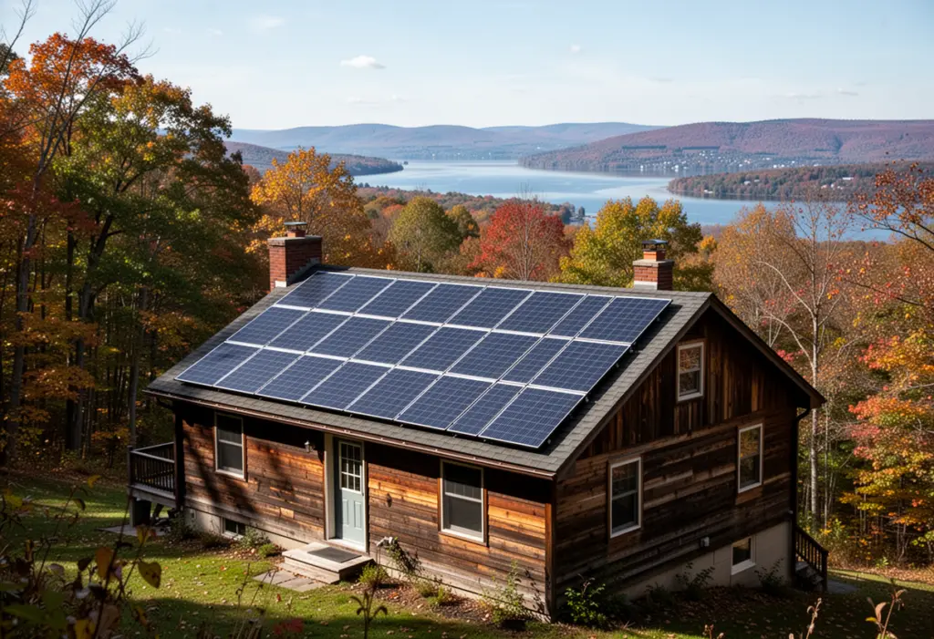 Solar panels on the roof of a wooden house on a wooded hillside above Ithaca New York, Cayuga Lake visible in the distance