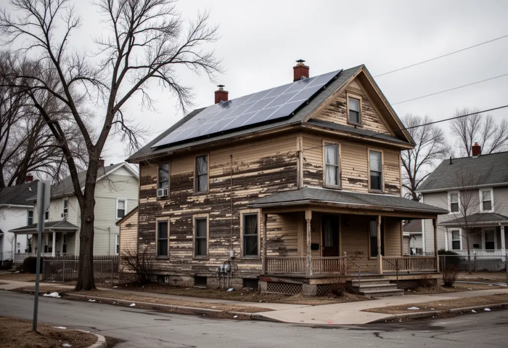 An early twentieth century wood frame house with rooftop solar panels on a residential street in Niagara Falls New York