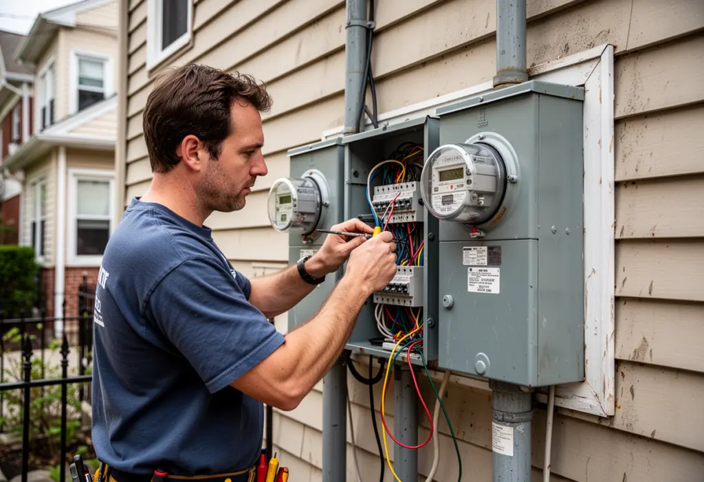 An electrician working at an outdoor residential electrical meter and service panel on a New York house