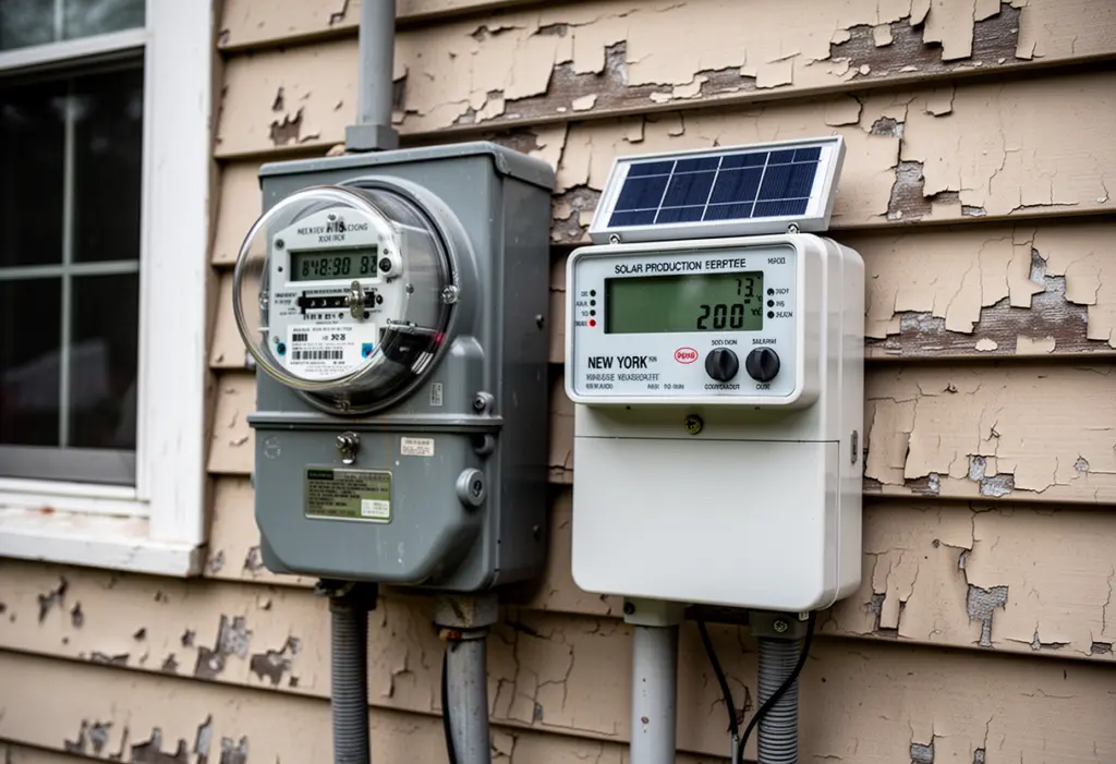 A residential electric meter and a solar production meter mounted side by side on the exterior wall of a New York house