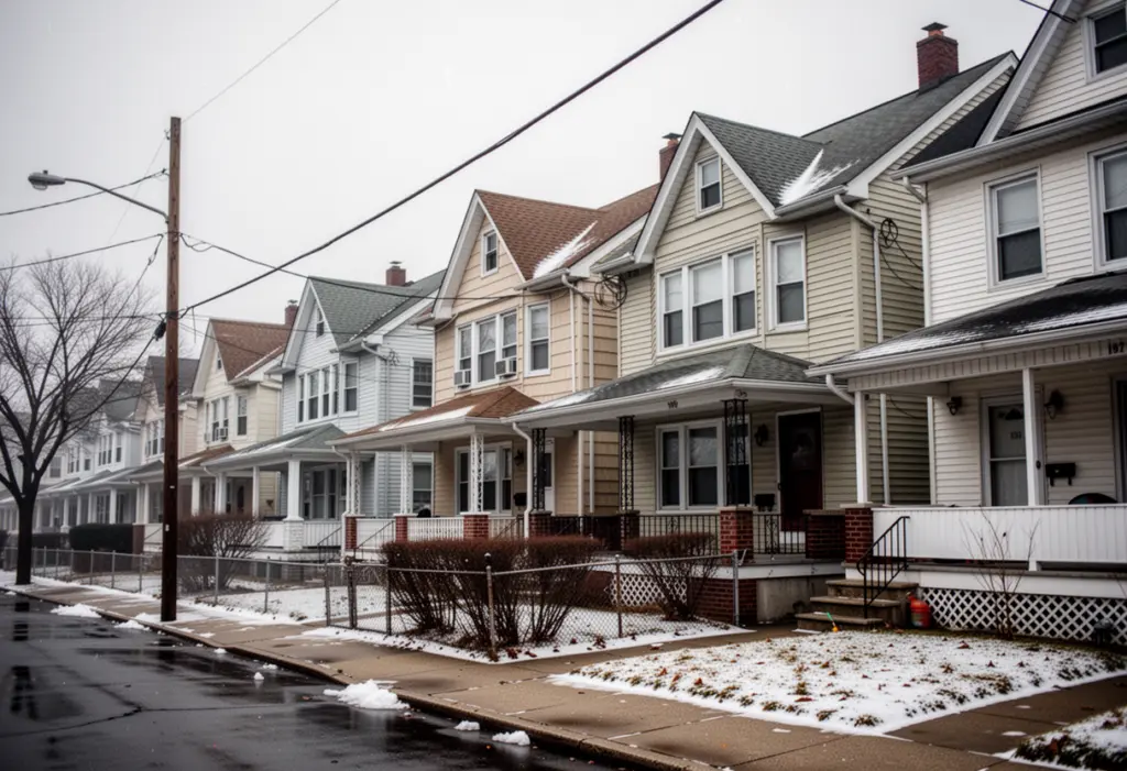A residential block of closely spaced two family houses in the Village of Hempstead, Nassau County Long Island, overcast winter morning