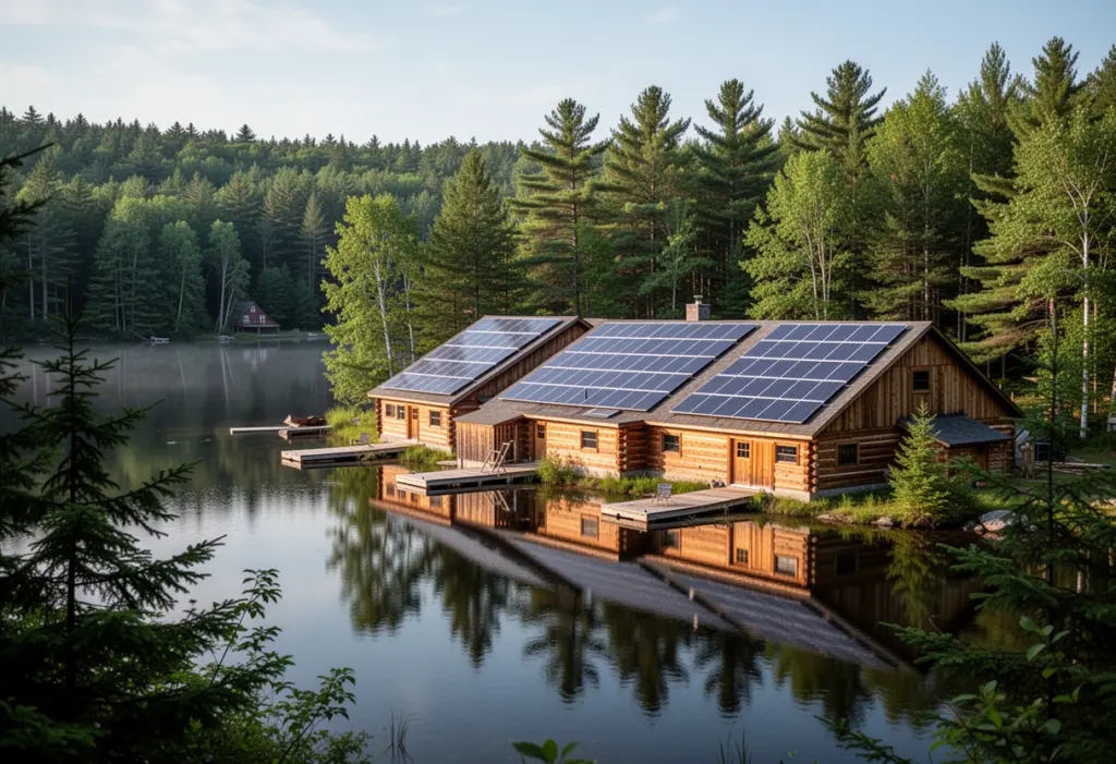 A timber camp with rooftop solar panels beside an Adirondack lake in New York, dense forest and still water